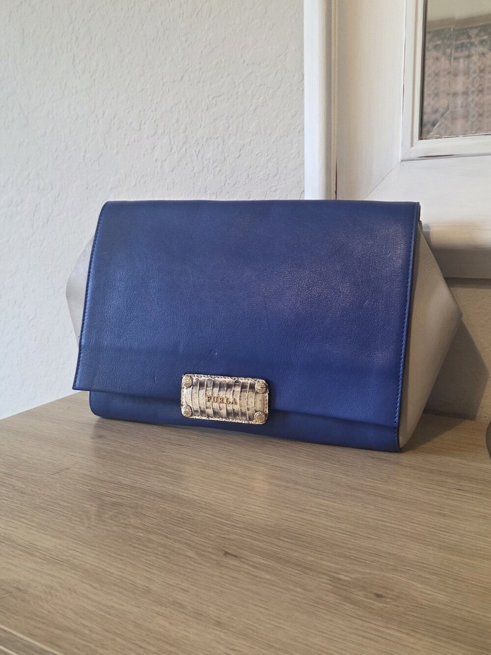 Furla Royal Blue and Cream Suede-Trim Clutch